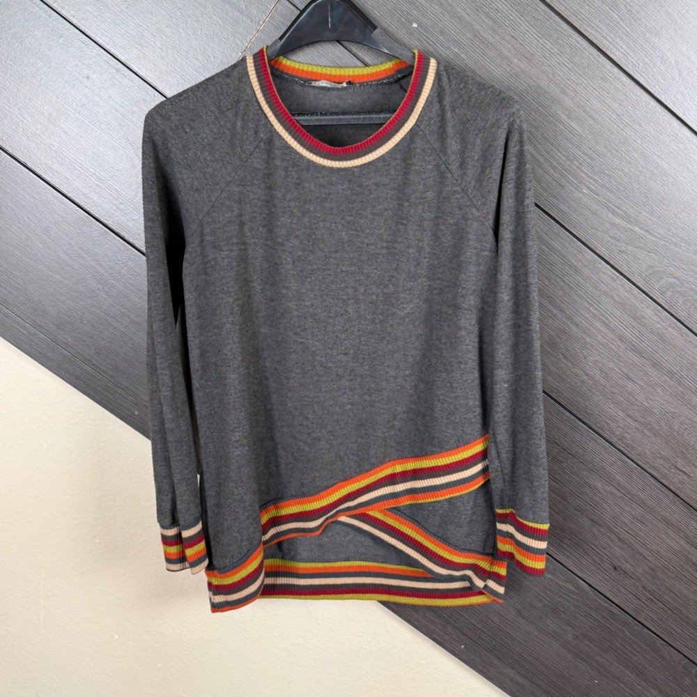 Staccato Women's Small Charcoal Gray High Low Sweater Striped Trim Tunic